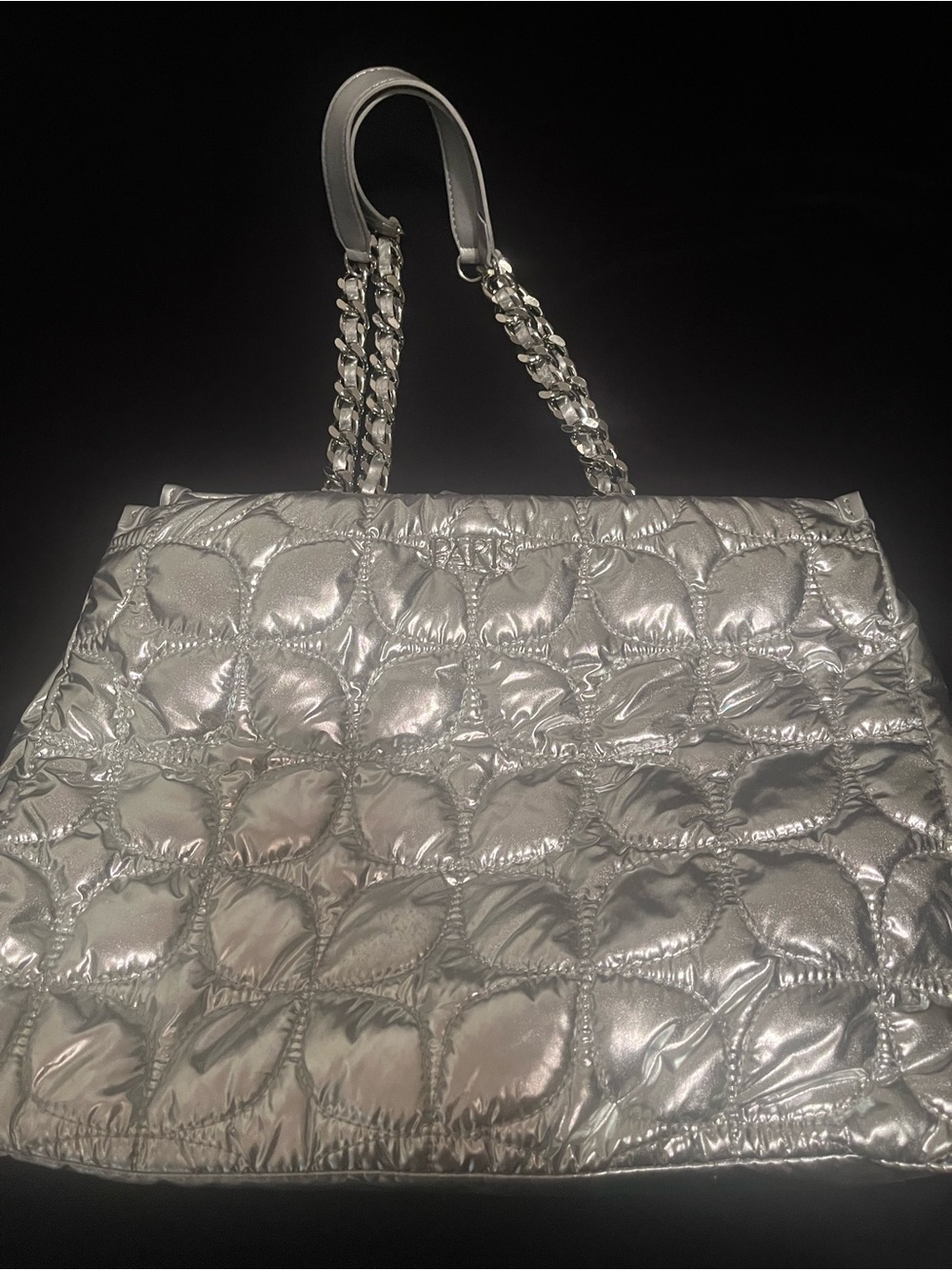 Paris Hilton Silver Quilted Tote Bag with Chain Handles